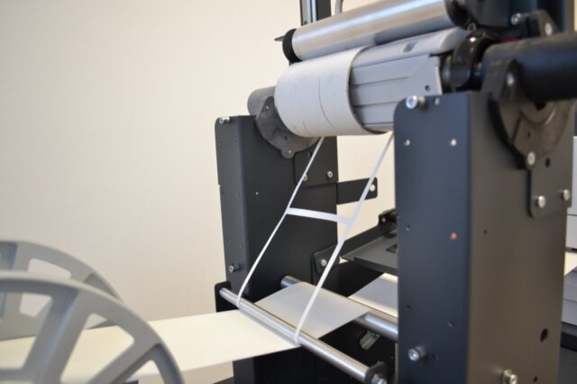 Matrix waste removal stripping for LT5C inline label rewinder and slitter for narrow label rolls