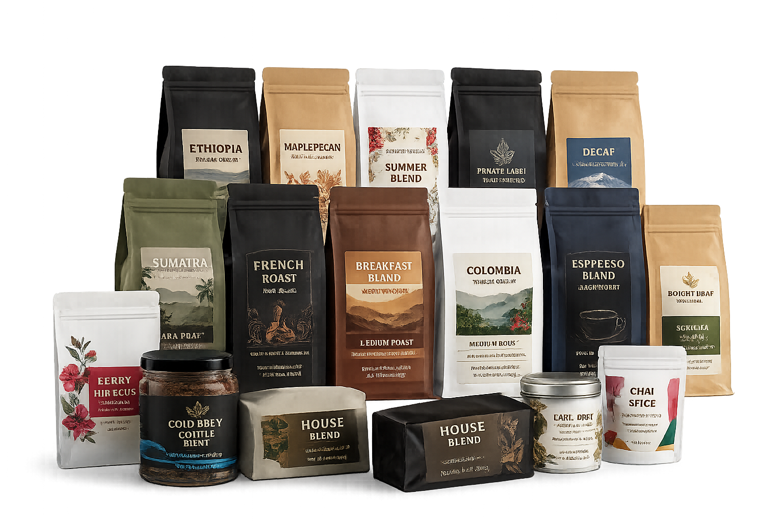 Collection of coffee and tea packaging with custom printed labels