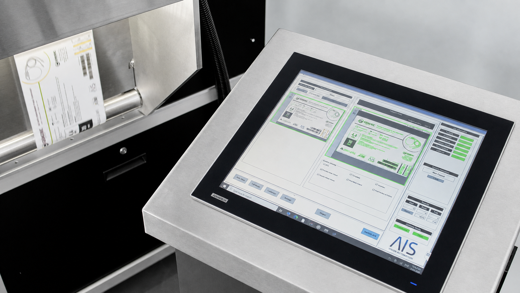 X350 Inspectra vision controller displaying an in-line label inspection job