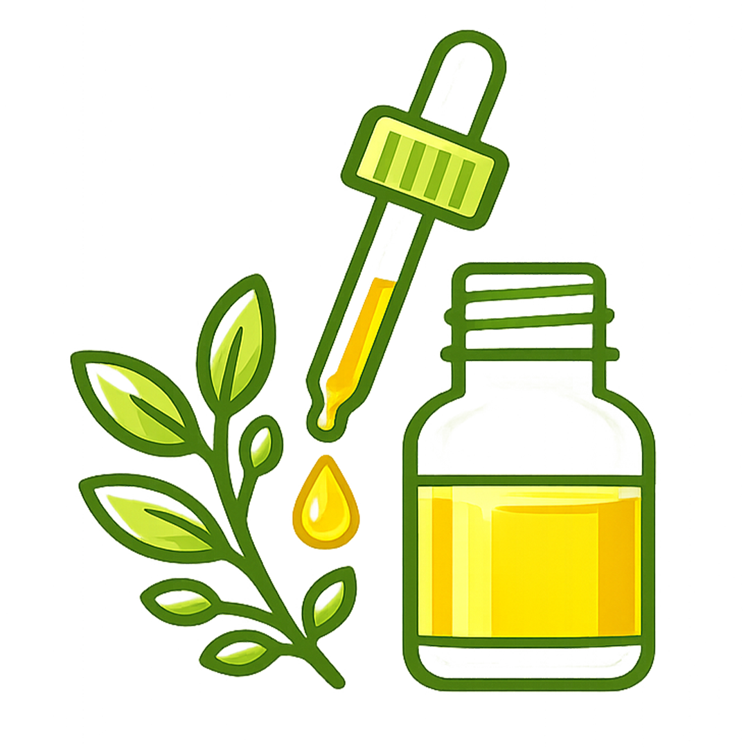 Dropper dispensing golden oil beside an open bottle and a green leafy sprig.