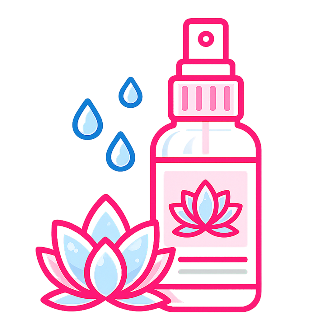 Pink spray bottle with a lotus flower label, blue water droplets, and a large lotus flower beside it.