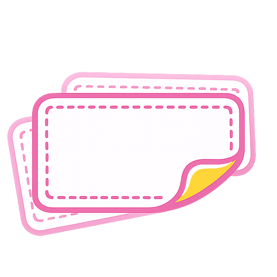 Three blank pink outlined labels with rounded corners, including one with a yellow peeled backing.
