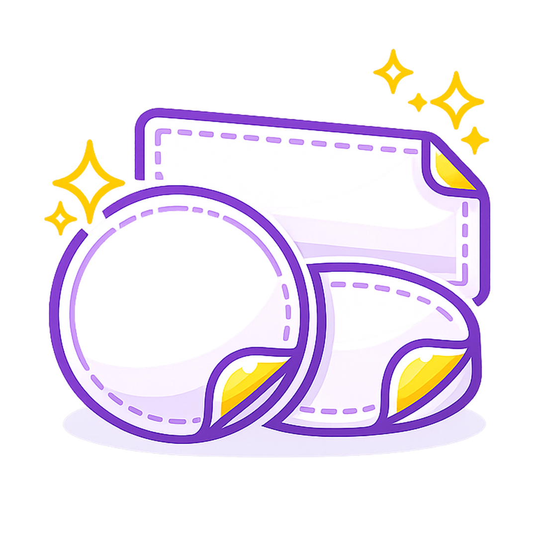 Three blank adhesive labels in circular, rectangular, and curved shapes with purple outlines, yellow peeled corners, and decorative sparkles.