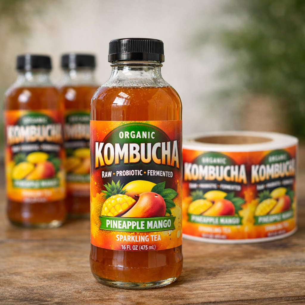 Inkjet printed kombucha bottle label produced on Afinia color label printer