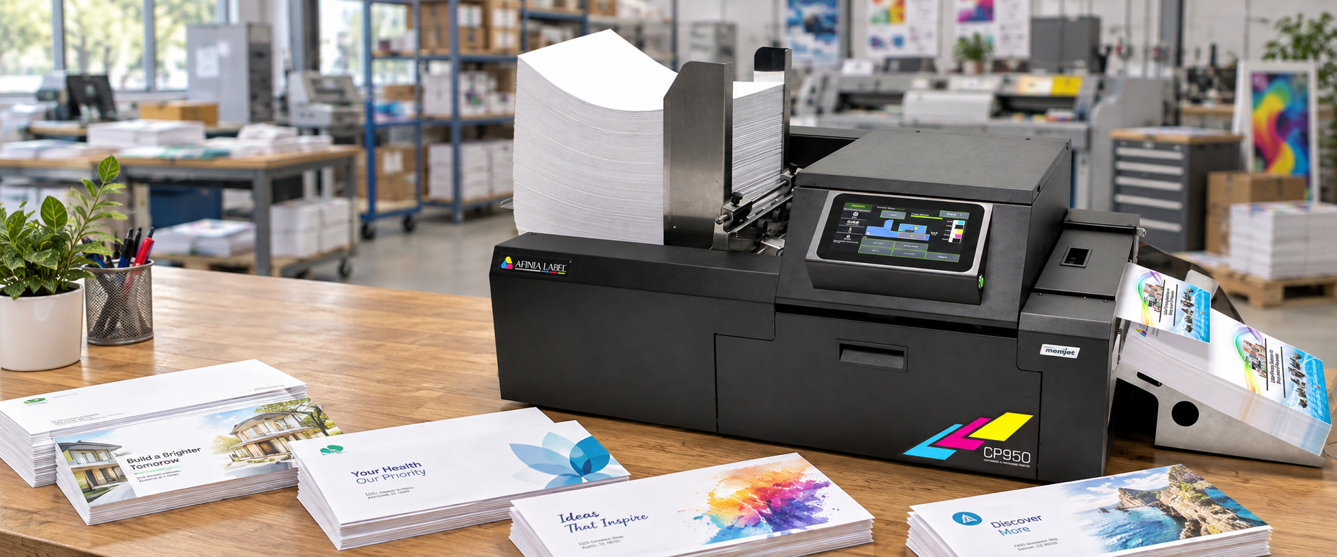 CP950 envelope printer sits on a table surround by custom printed envelopes