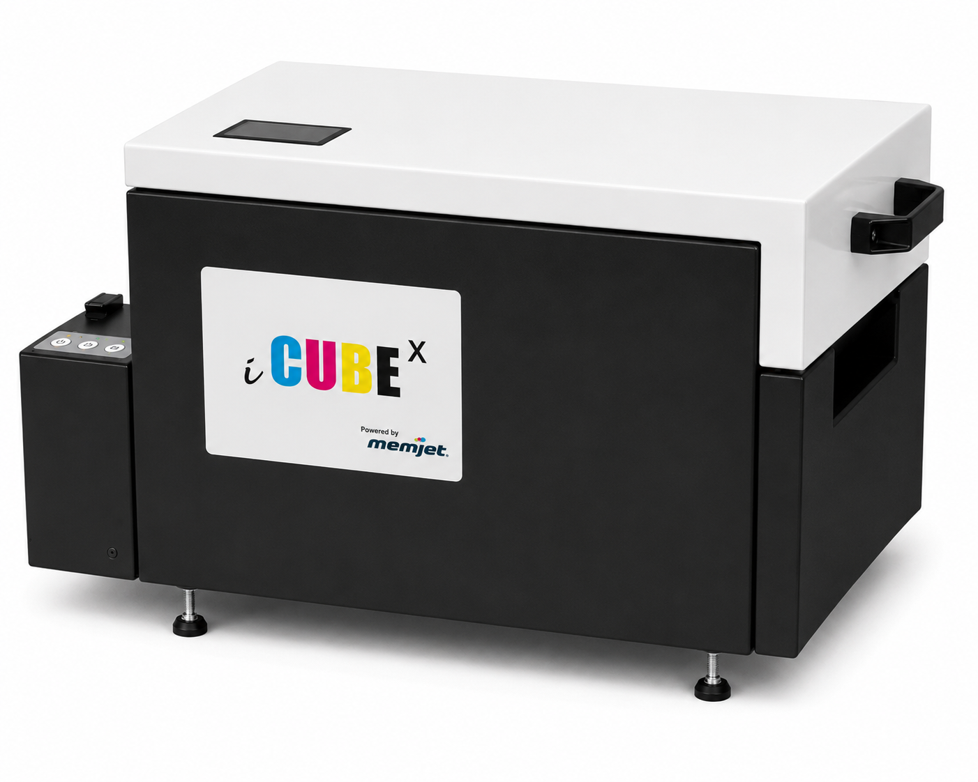 iCUBE X color label printer with black and white housing and “Powered by Memjet” displayed on the front.